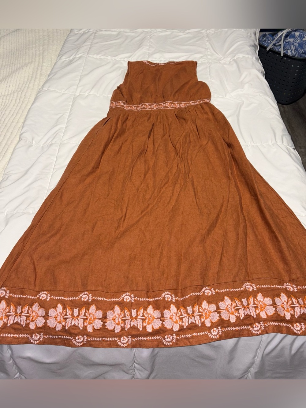 Spartina 449 Jennifer Midi Mocha Dress 100% Linen Embroidered Floral - Picture 8 of 9